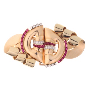 Strong design three tone gold Retro double clip with diamonds and rubies